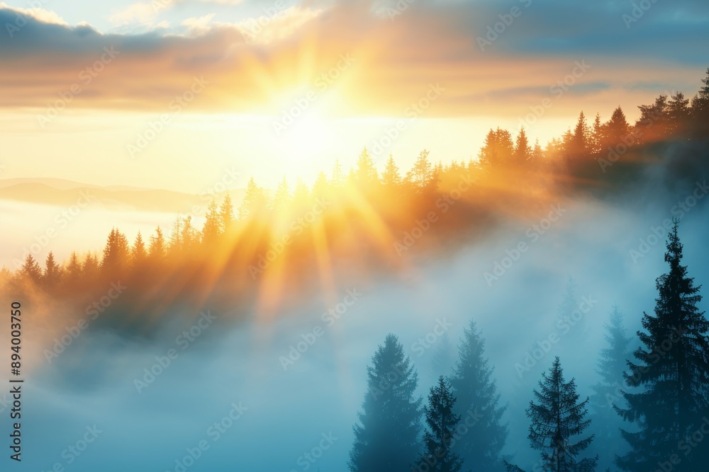 Fototapeta premium The sun is shining through the trees, creating a beautiful and serene atmosphere