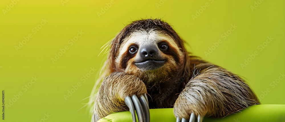 Naklejka premium Adorable sloth resting, lime green gradient background, ample copy space, perfect for eco-friendly promotions, nature-themed marketing, relaxation concepts, ideal for diverse industries.