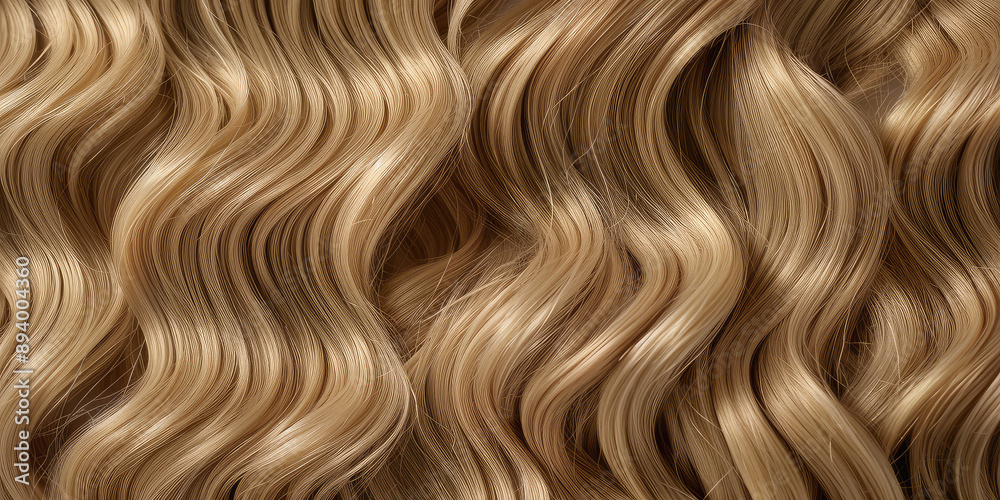A closeup of a bunch of shiny curls blonde hair on simple background with copy space.