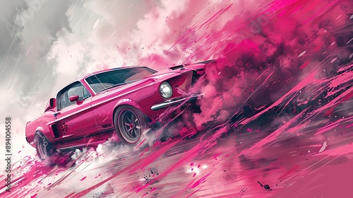 cartoon illustration car with pink smoke background