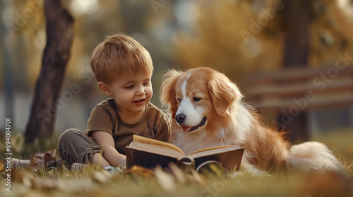 Little girl reading book with dog, autumn park setting, cozy and warm moment, friendship and bonding, childhood innocence and pets concept © iamfrk7