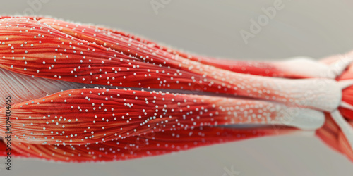 Detailed 3d close-up view of a red and white muscle, copy space. Anatomy, fitness, healthcare. photo