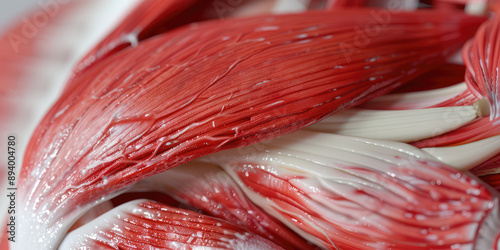 Detailed 3d close-up view of a red and white muscle, copy space. Anatomy, fitness, healthcare. photo