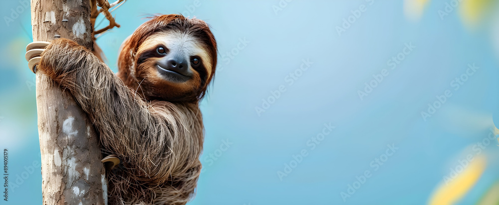 Charming sloth hanging on a tree trunk with a soft blue backdrop, perfect for wildlife themes, children's education, and nature enthusiasts; ideal for marketing, conservation,... Charming sloth hanging on a tree trunk with a soft blue backdrop, perfect for wildlife themes, children's education, and nature enthusiasts; ideal for marketing, conservation,...