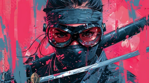 cartoon illustration of a female ninja hold katana blade with pink background
