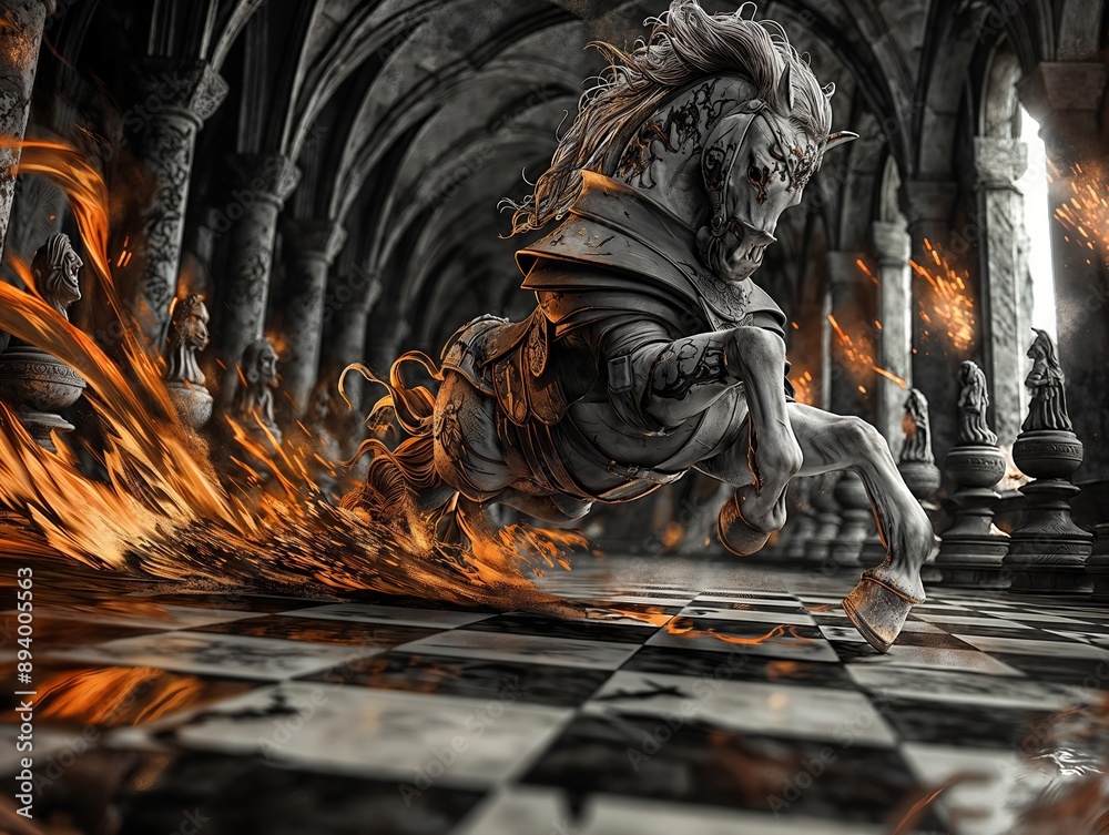 Fiery Armored War Horse Charging in Gothic Hallway with Sparks Flying Fiery Armored War Horse Charging in Gothic Hallway with Sparks Flying