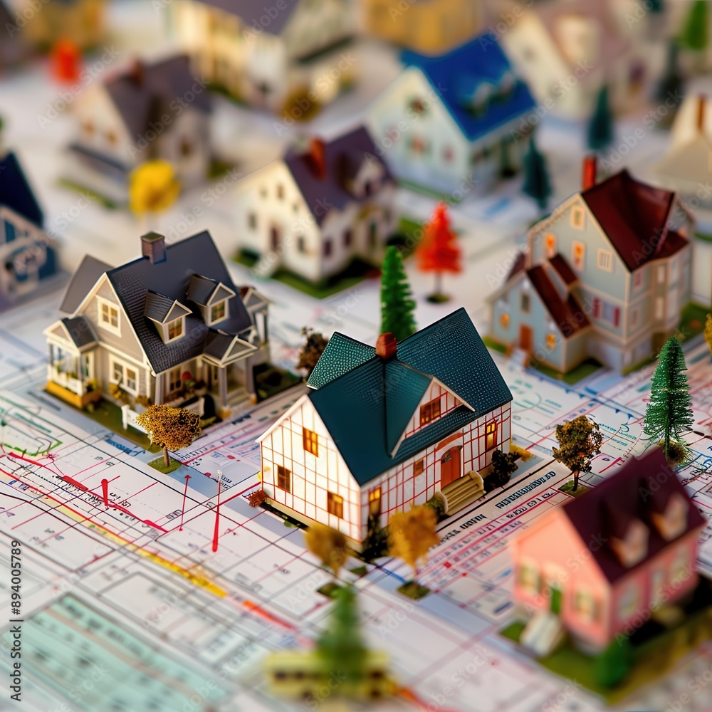 miniature neighborhood of diverse house models arranged on blueprint background with financial charts and graphs miniature neighborhood of diverse house models arranged on blueprint background with financial charts and graphs