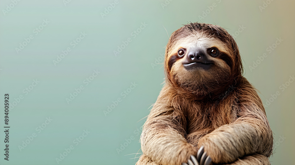 Fototapeta premium Charming sloth portrait against a soft gradient background, perfect for children's education, wildlife conservation, and marketing. Features ample copy space for text addition.