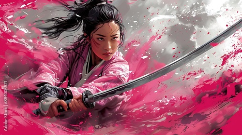 cartoon illustration female samorai holding katana with pink smoke background