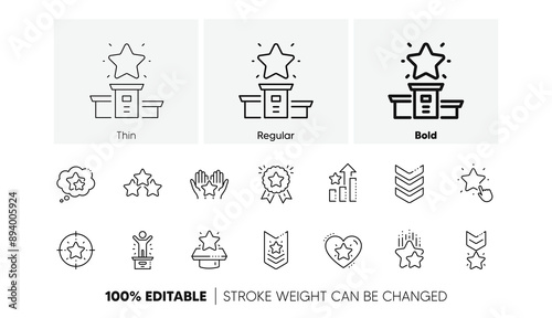 First place, star rating and winner medal. Ranking line icons. Shoulder strap, army achievement and star ranking icons. Linear set. Line icons set. Vector