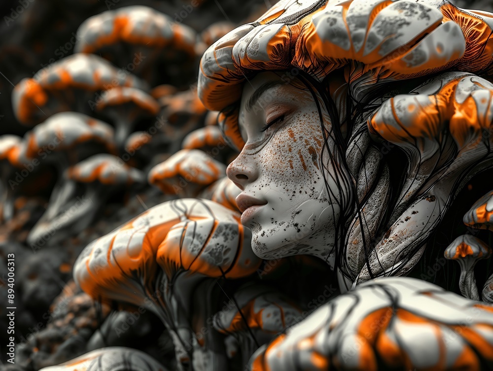 Surreal Portrait of a Woman Blending with Fantasy Mushrooms Surreal Portrait of a Woman Blending with Fantasy Mushrooms