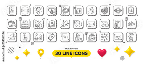 Diagram chart, Coins and Inflation line icons pack. 3d design elements. Parking payment, Vip shopping, Checklist web icon. Discount, Loan percent, Accepted payment pictogram. Vector