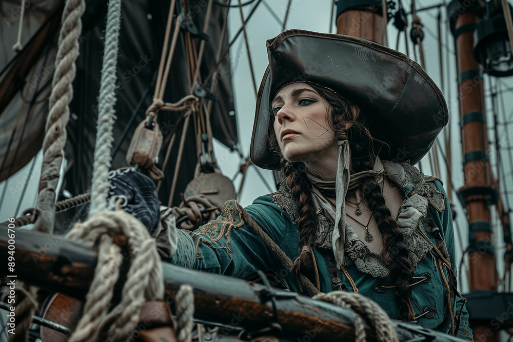 Obraz premium Female Pirate Captain commanding the seas with dangerous elegance