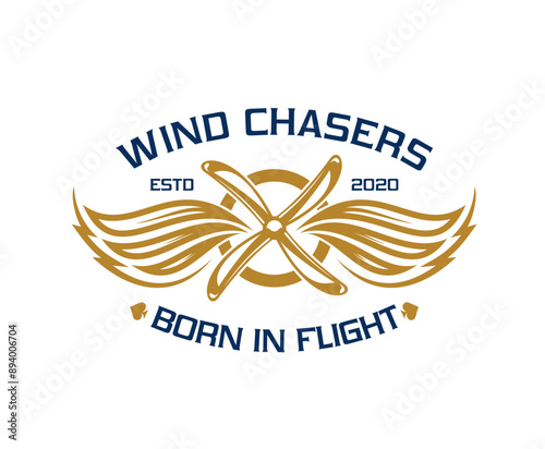 Airline and aircraft aviation icon for wind chasers. Vector label with golden propeller and wings, symbolizing flight, classic bold typography conveying tradition and sense of piloting adventure