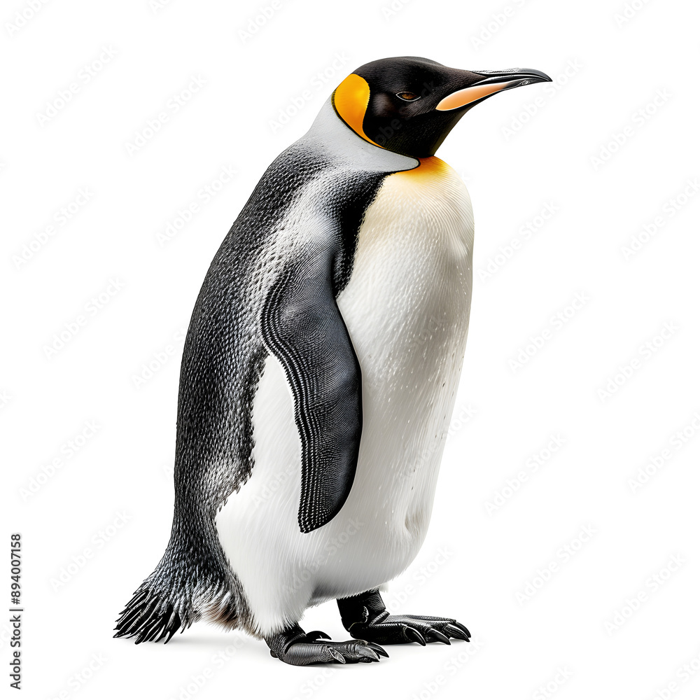 Fototapeta premium Majestic king penguin isolated on a pristine white background, ideal for marketing, education, and wildlife conservation projects, with spacious copy space for text overlay.