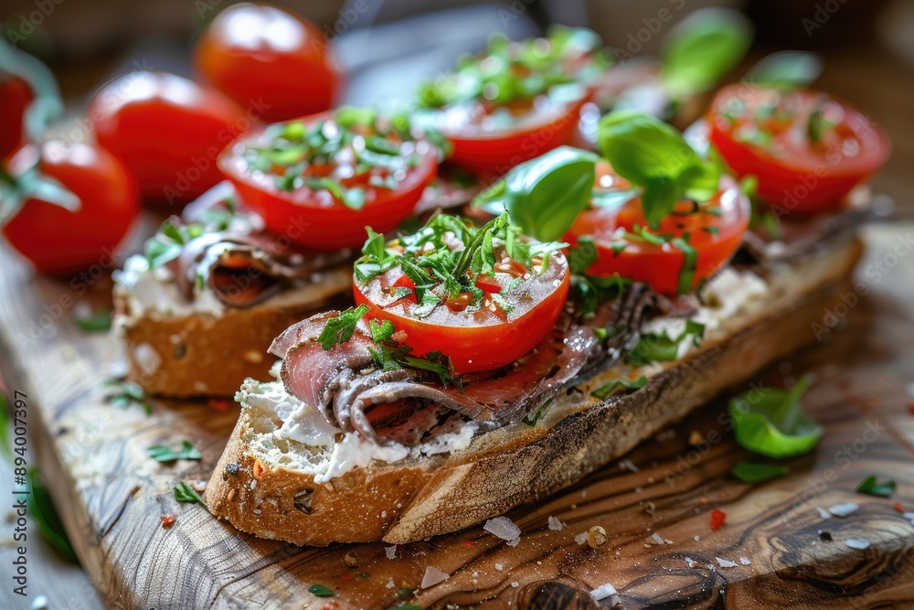 A close-up shot of a delicious bruschetta topped with meat, cheese, tomatoes, and basil. This image is perfect for showcasing your recipes, food blog posts, or restaurant menu. A close-up shot of a delicious bruschetta topped with meat, cheese, tomatoes, and basil. This image is perfect for showcasing your recipes, food blog posts, or restaurant menu.