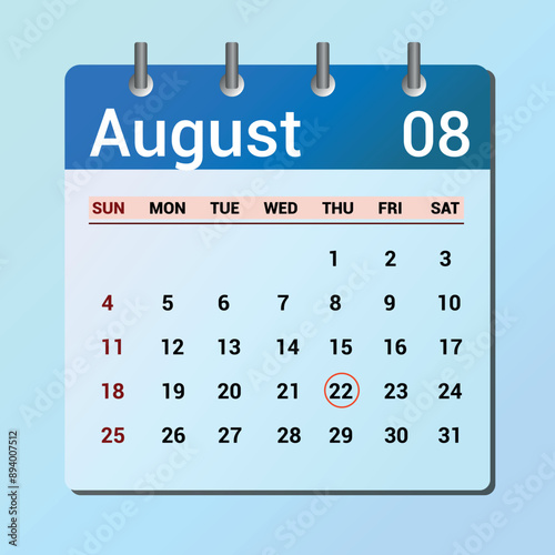 vector page of August month calendar and highlighted date August 22