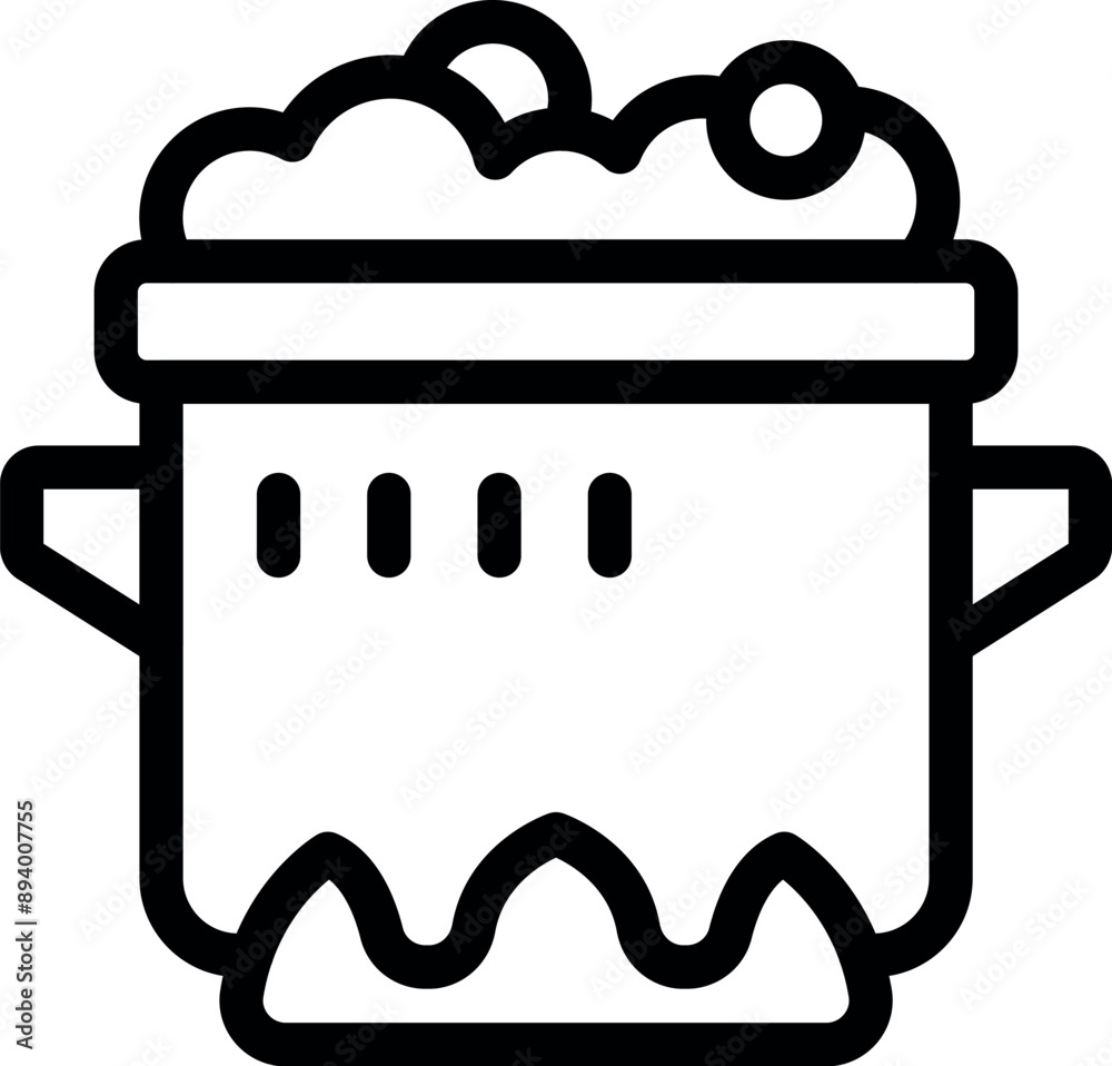 Simple icon of a pot with handles, sitting on a fire and filled with boiling water Simple icon of a pot with handles, sitting on a fire and filled with boiling water