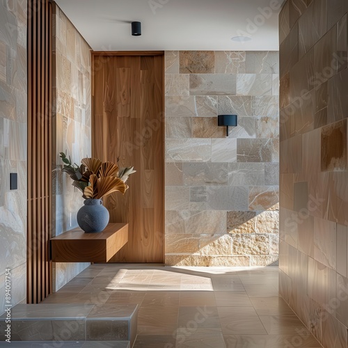 modern coastal entryway featuring a striking stonetiled accent wall complemented by warm wood elements and minimalist decor bathed in natural light for a serene beachy ambiance photo