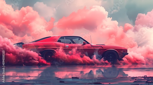 cartoon illustration car with pink smoke background