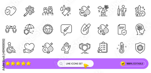 Umbrella, Volunteer and Shields line icons for web app. Pack of Checklist, Thermometer, Life insurance pictogram icons. Doctor, Cobalamin vitamin, Insurance policy signs. Search bar. Vector