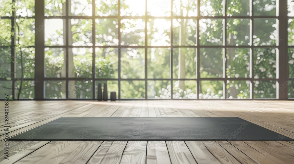 Rubber mat in gym studio for yoga and pilates on wooden floor with big windows in clean room. Rubber mat in gym studio for yoga and pilates on wooden floor with big windows in clean room.