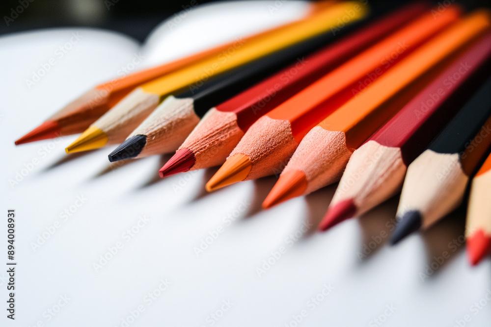 A row of pencils with different colors, including red, yellow, and black A row of pencils with different colors, including red, yellow, and black