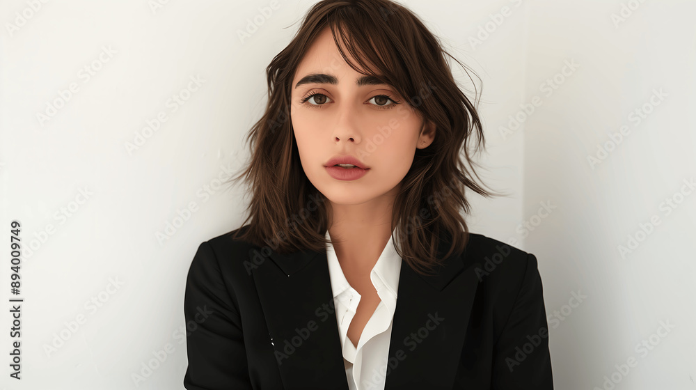Professional portrait of a confident young woman in a black blazer with natural makeup and shoulder-length brown hair, set against a minimalist white background Professional portrait of a confident young woman in a black blazer with natural makeup and shoulder-length brown hair, set against a minimalist white background