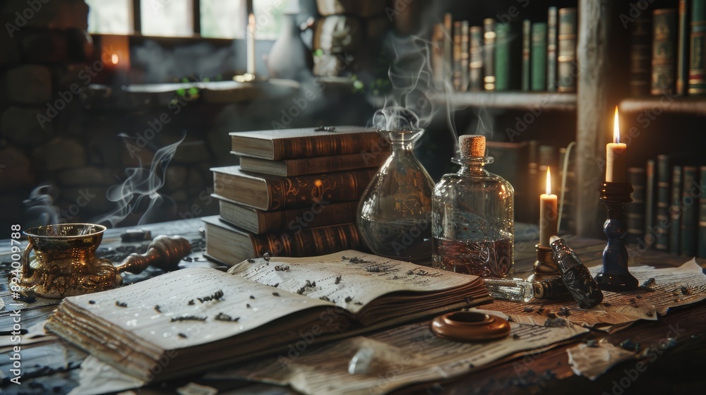 Alchemy inspired scene with spell books potions and candles on a table for writing inspiration Alchemy inspired scene with spell books potions and candles on a table for writing inspiration