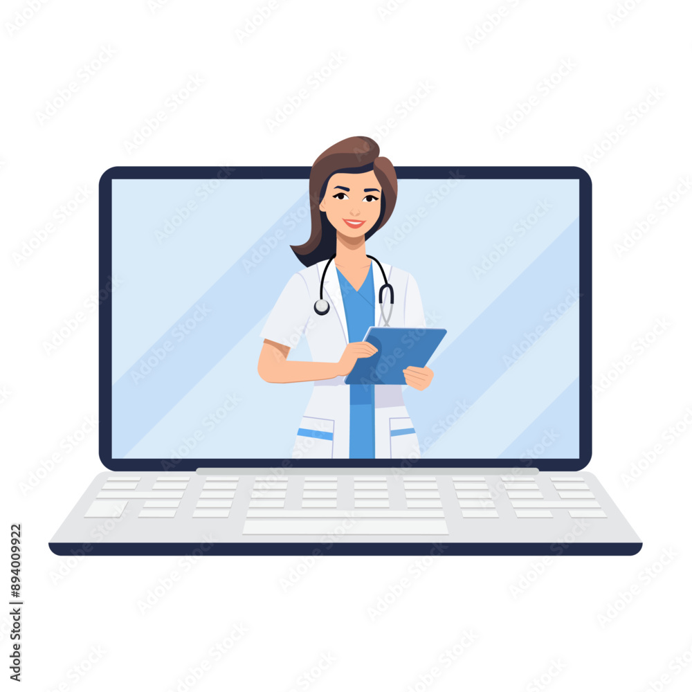 Medical worker a female doctor pop out laptop and doing check up. Hospitalization concept with isometric people vector hospital team illustration in flat design Medical worker a female doctor pop out laptop and doing check up. Hospitalization concept with isometric people vector hospital team illustration in flat design