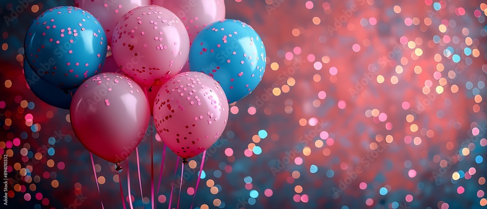 Pink and blue balloons and confetti background with copy space for festive gender reveal party or baby shower backdrop Pink and blue balloons and confetti background with copy space for festive gender reveal party or baby shower backdrop