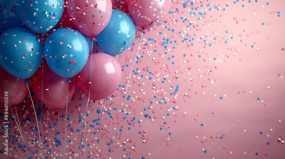 Pink and blue balloons and confetti background with copy space for festive gender reveal party or baby shower backdrop Pink and blue balloons and confetti background with copy space for festive gender reveal party or baby shower backdrop