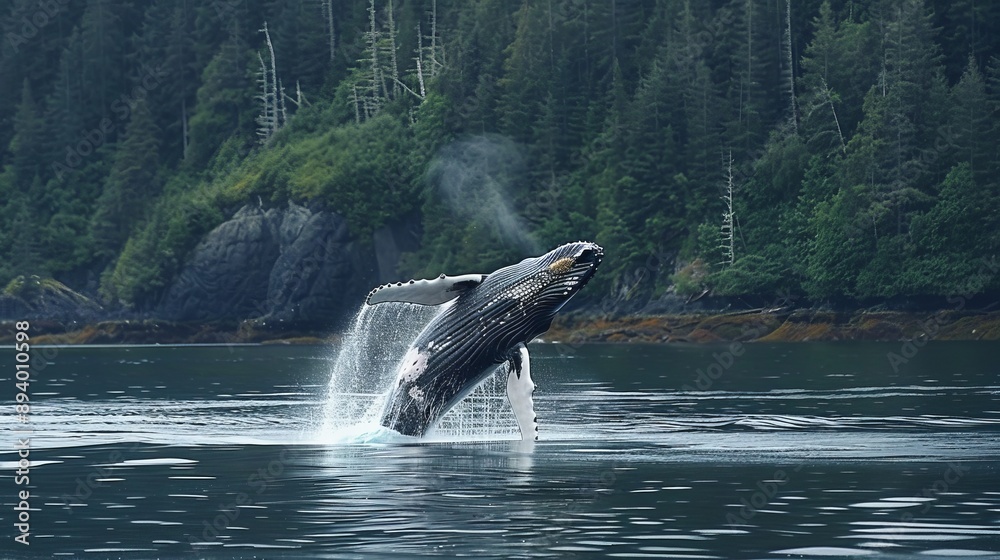 Obraz premium A magnificent humpback whale in an upright position with splashes jumped to the surface close-up