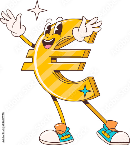 Cartoon retro groovy euro character. Isolated vector cheerful money symbol, golden sparkling currency personage with wide eyes, Its arms raised in a welcoming gesture, exuding affluence and wealth