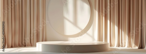 Modern 3D Mockup with Beige Curtains and Podium