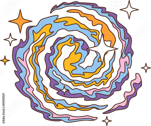 Retro groovy space in cartoon funky comic art, vector galaxy icon. Groovy cartoon space with galactic nebula with psychedelic swirl of cosmic clouds in alien extraterrestrial cosmos or black hole