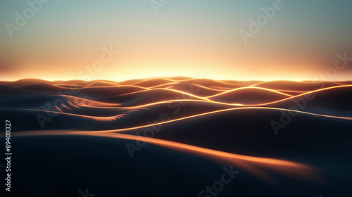 Stunning sunset over rolling sand dunes, casting warm, golden light across a serene desert landscape.