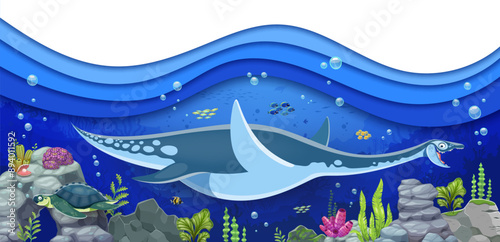 Underwater plesiosaurus dinosaur in paper cut prehistoric ocean landscape, vector background. Jurassic park extinct marine reptile lizard or plesiosaurus dinosaur with cartoon undersea dino creatures
