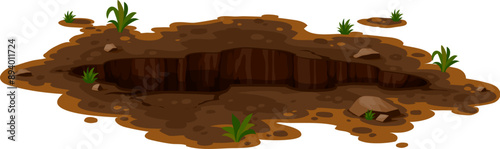 Dirty pit and burrow, deep ground hole. Isolated cartoon vector natural gap in garden or forest, surrounded by patches of dirt and small plants. Muddy break, split or dig with uneven edges and stones