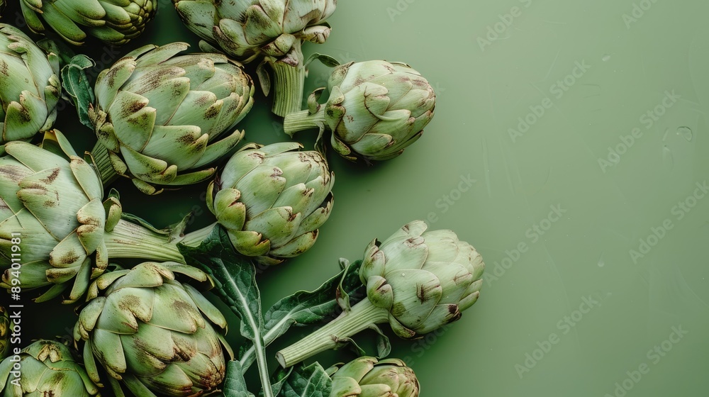 Obraz premium Close up of fresh artichokes on a green backdrop