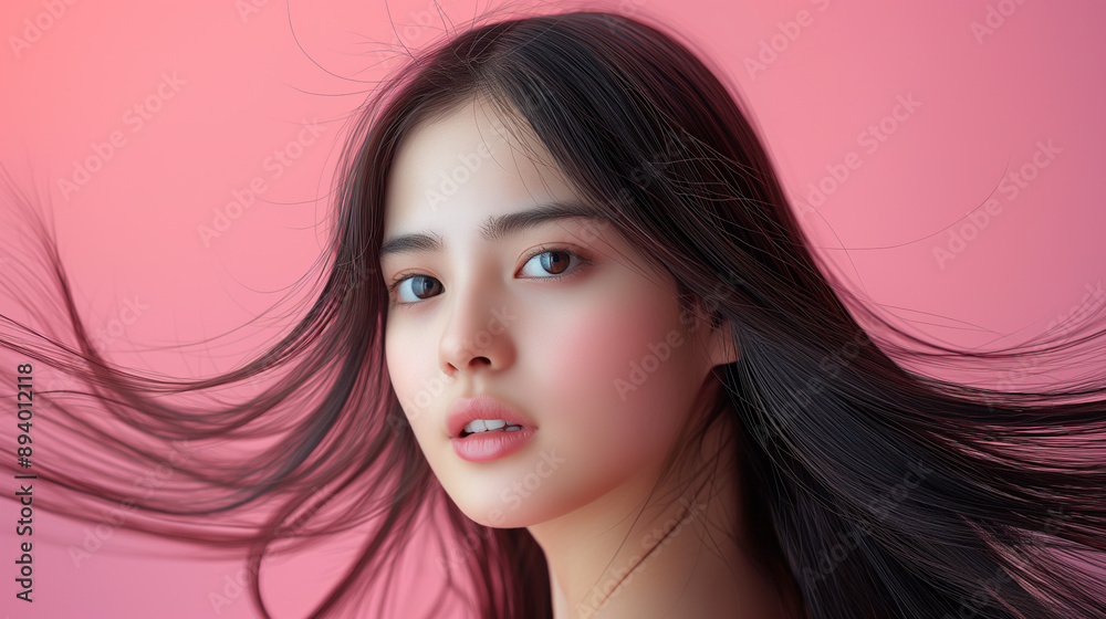 Beautiful Asian woman with long black hair, wind blowing hair, pink background, fashion and beauty, fresh and youthful appearance Beautiful Asian woman with long black hair, wind blowing hair, pink background, fashion and beauty, fresh and youthful appearance