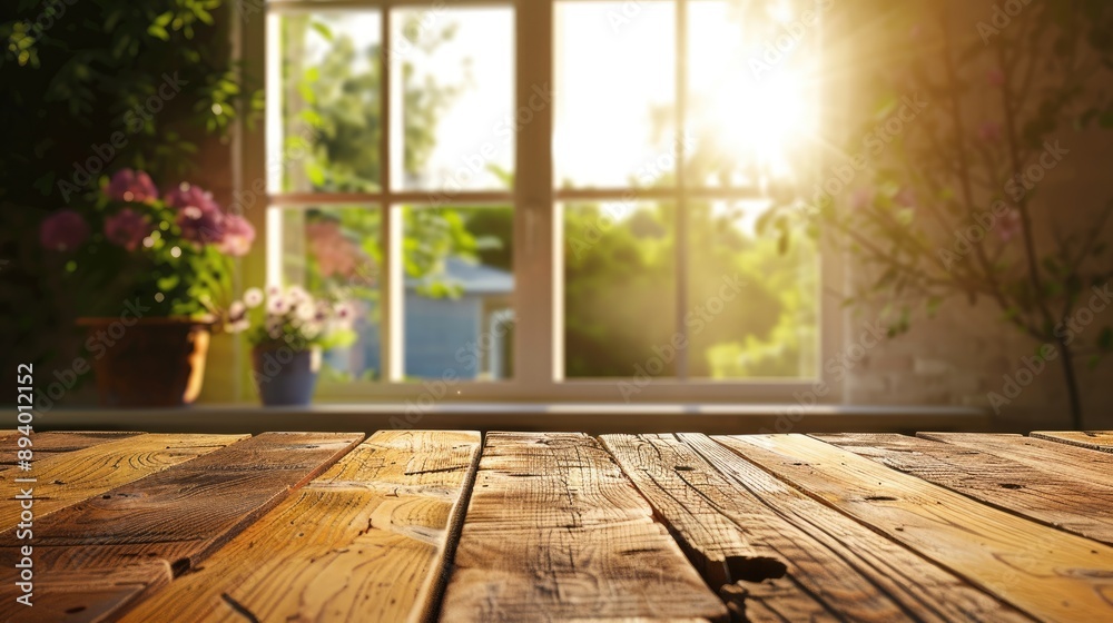Wood table with summer window in the background