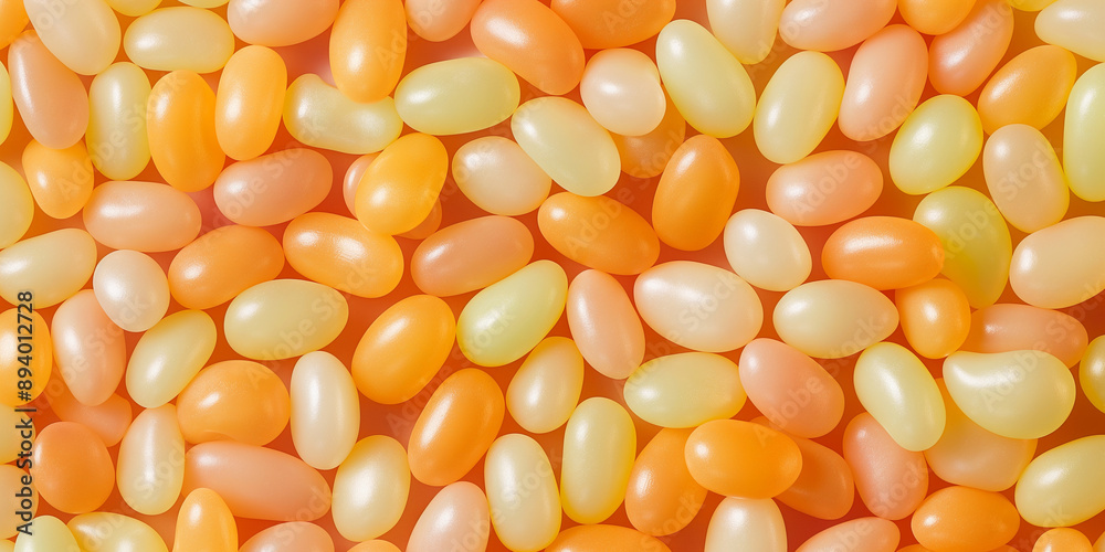 A cute and dreamy, aesthetic background of close-up of round shaped pastel yellow and orange jelly beans, each piece showcasing its smooth texture and shiny coating A cute and dreamy, aesthetic background of close-up of round shaped pastel yellow and orange jelly beans, each piece showcasing its smooth texture and shiny coating