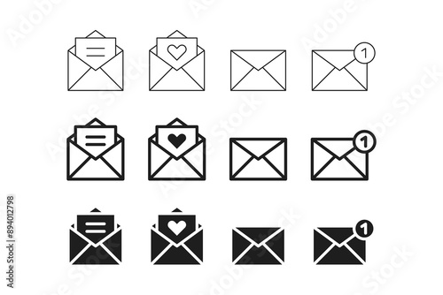 Envelope mail icon set. Closed, open email message icon in flat style. New message notification icons, Love letter icon symbol. EDITABLE STROKE