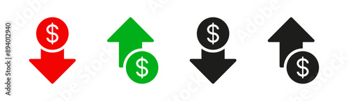 Money increase icon with arrow up symbol, dollar decrease icon . profit and lose money vector icons - Cost rising icon