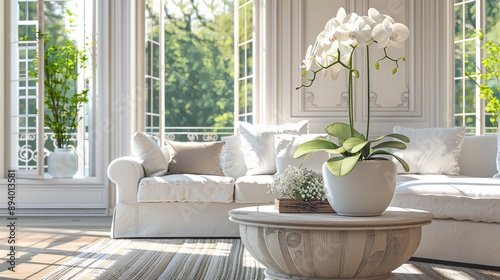 Classic living room with coffee table white orchid vase on a sunny day
