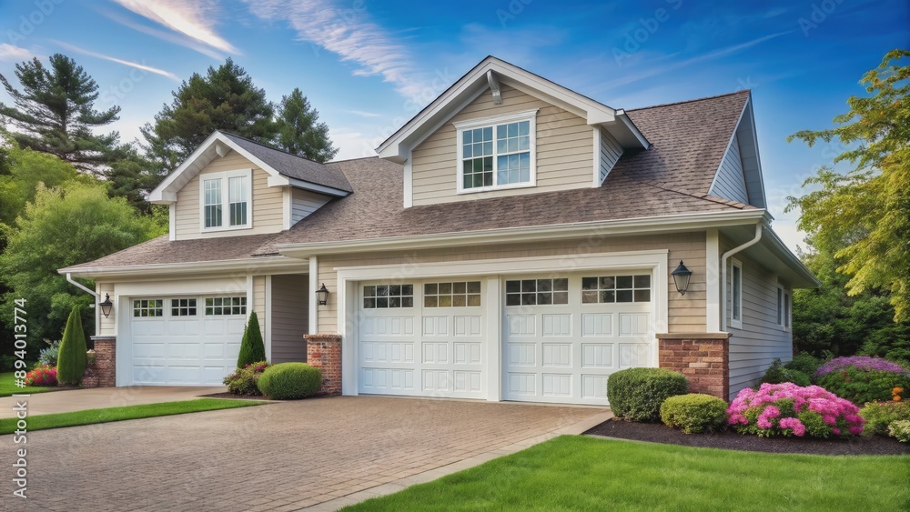 Classic American suburban scene featuring a traditional white garage door with horizontal panels and a paved driveway leading up to a well-manicured lawn. Classic American suburban scene featuring a traditional white garage door with horizontal panels and a paved driveway leading up to a well-manicured lawn.