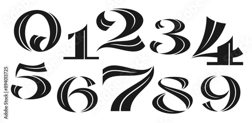 Vintage decorative numbers font, vector typography typeface. Retro elegant black numbers with white lines and grunge texture. Old fashioned monochrome mathematical objects, numerals or digits set