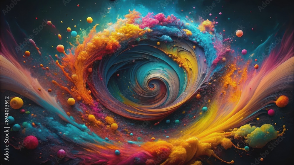 Vibrant spiral explosion of colorful liquid paint splatters on a dark ...