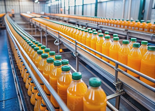 Conveyor in the production of juice, sweet water, orange bottles in the factory, natural product. generated ai.
